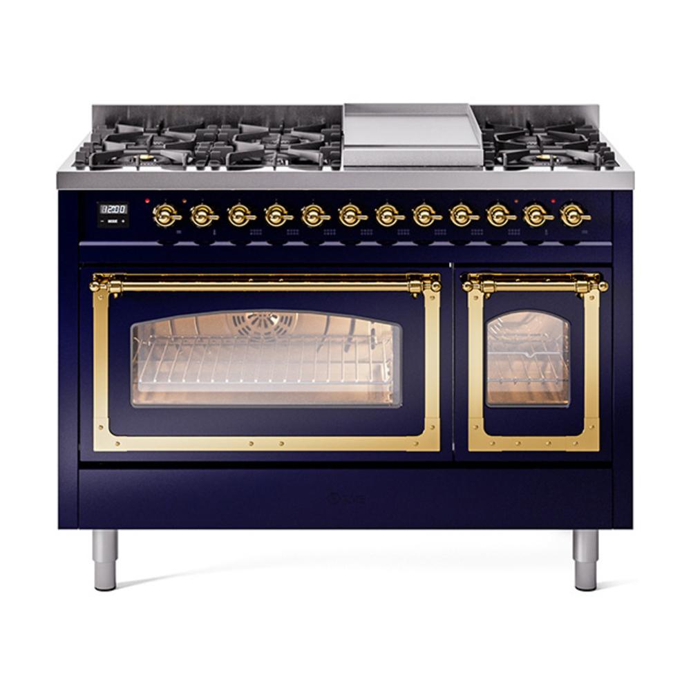 Ilve UN48FNMPMBGLP Ilve Un48Fnmpmbglp Nostalgie Ii Noblesse 48" Dual Fuel Range (8 Sealed Burners + Griddle, Liquid Propane, Triple Glass Door, Midnight Blue, Brass)