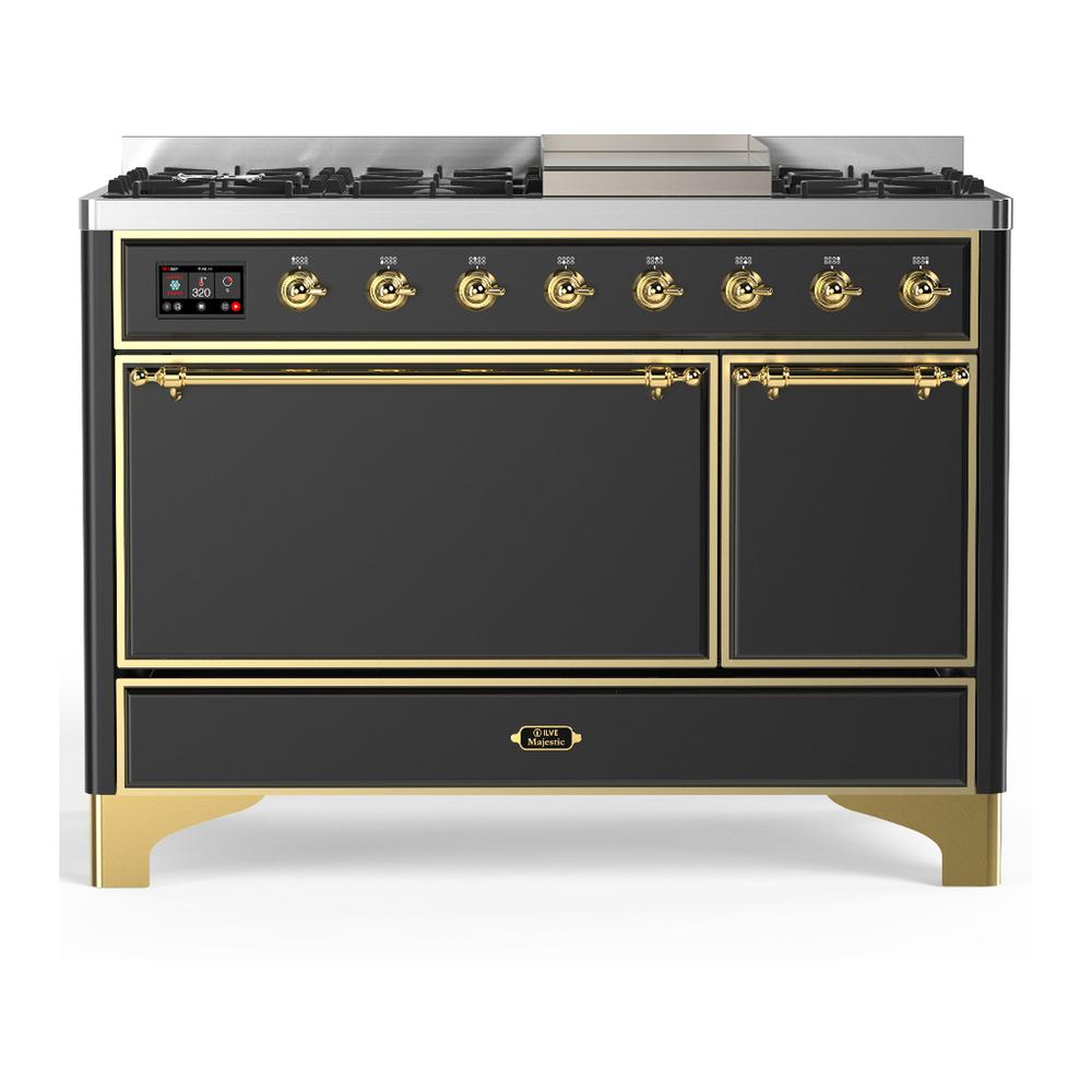 Ilve UM48FQNR3MGG Ilve Um48Fqnr3Mgg Majestic Iii 48 Inch Dual Fuel Range With 8 Burners And Griddle, Dual Function Burner Up To 25,000 Btu (Natural Gas, Solid Door, Graphite Matte, Brass)