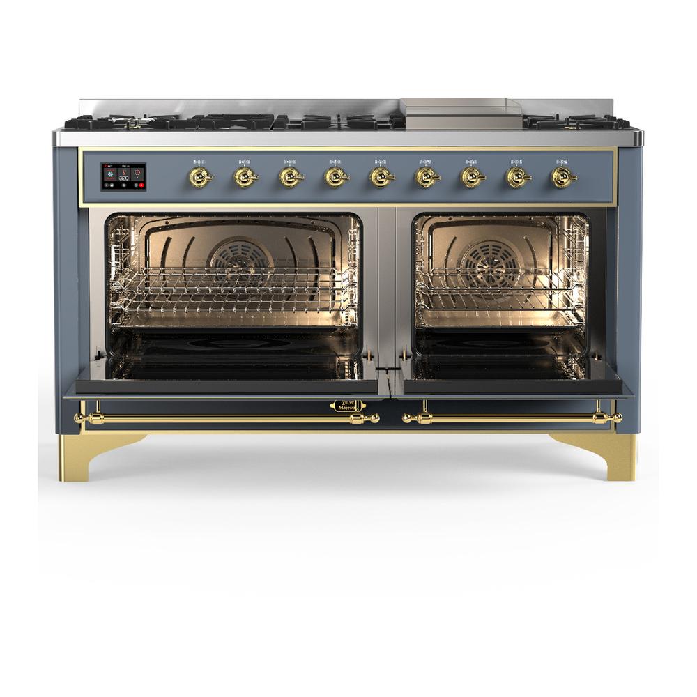 Ilve UM60FNR3BGGLP Ilve Um60Fnr3Bgglp Majestic Iii 60 Inch Dual Fuel Range With 9 Burners And Griddle, Dual Function Burner Up To 25,000 Btu (Liquid Propane, Triple Glass Door, Blue Grey, Brass)