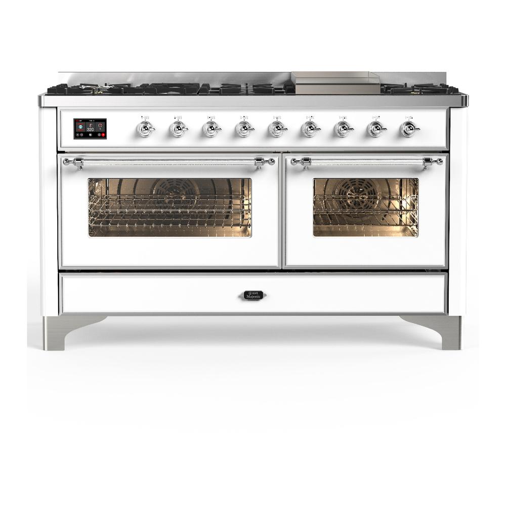 Ilve UM60FNR3WHC Ilve Um60Fnr3Whc Majestic Iii 60 Inch Dual Fuel Range With 9 Burners And Griddle, Dual Function Burner Up To 25,000 Btu (Natural Gas, Triple Glass Door, White, Chrome)