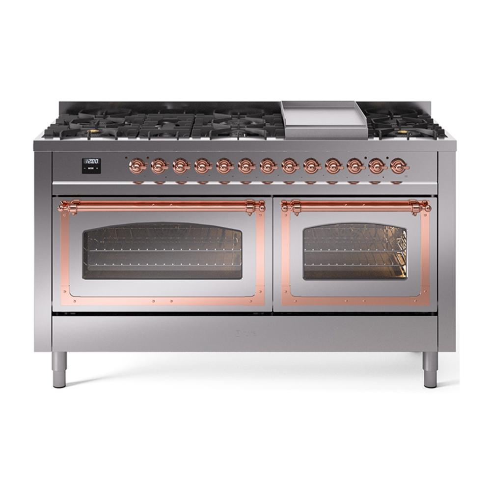 Ilve UN60FNMPSSP Ilve Un60Fnmpssp Nostalgie Ii Noblesse 60" Dual Fuel Range (9 Sealed Burners + Griddle, Natural Gas, Triple Glass Door, Stainless Steel, Copper)