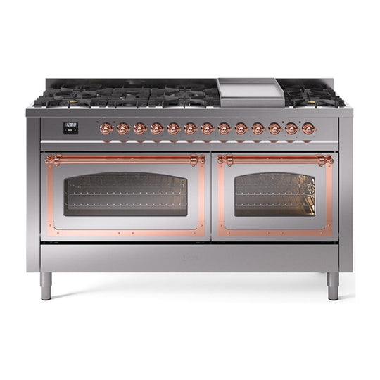 Ilve UN60FNMPSSP Ilve Un60Fnmpssp Nostalgie Ii Noblesse 60" Dual Fuel Range (9 Sealed Burners + Griddle, Natural Gas, Triple Glass Door, Stainless Steel, Copper)