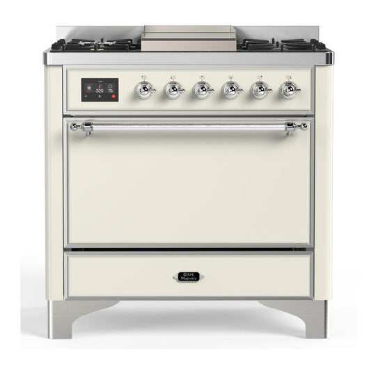 Ilve UM36FQNR3AWC Ilve Um36Fqnr3Awc Majestic Iii 36 Inch Dual Fuel Range With 6 Black Brass Burners And Griddle, Dual Function Burner Up To 25,000 Btu (Solid Door, Antique White, Chrome, Natural Gas)