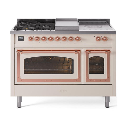 Ilve UN48FSNMPAWP Ilve Un48Fsnmpawp Nostalgie Ii Noblesse 48" Dual Fuel Range (5 Sealed Burners + Griddle + French Top, Natural Gas, Triple Glass Door, Antique White, Copper)