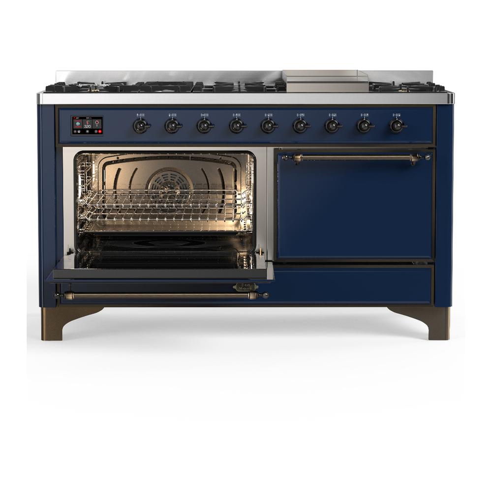 Ilve UM60FQNR3MBBLP Ilve Um60Fqnr3Mbblp Majestic Iii 60 Inch Dual Fuel Range With 9 Burners And Griddle, Dual Function Burner Up To 25,000 Btu (Liquid Propane, Solid Door, Midnight Blue, Burnished)