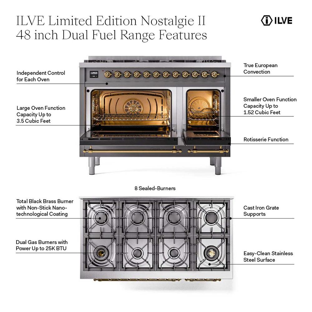 Ilve UP488NMPMGG Ilve Up488Nmpmgg Nostalgie Ii 48 Inch Dual Fuel Range With 8 Total Black Brass Sealed Burners, Brass Trim (Limited Edition) (Natural Gas, Graphite Matte)