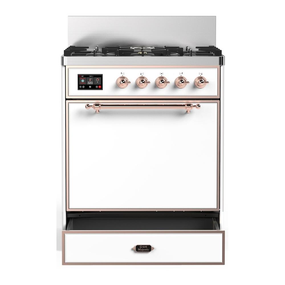 Ilve UM30QNR3WHP Ilve Um30Qnr3Whp Majestic Iii 30 Inch Dual Fuel Range With 5 Black Brass Burners, Dual Function Burner Up To 25,000 Btu (Natural Gas, Solid Door, White, Copper)