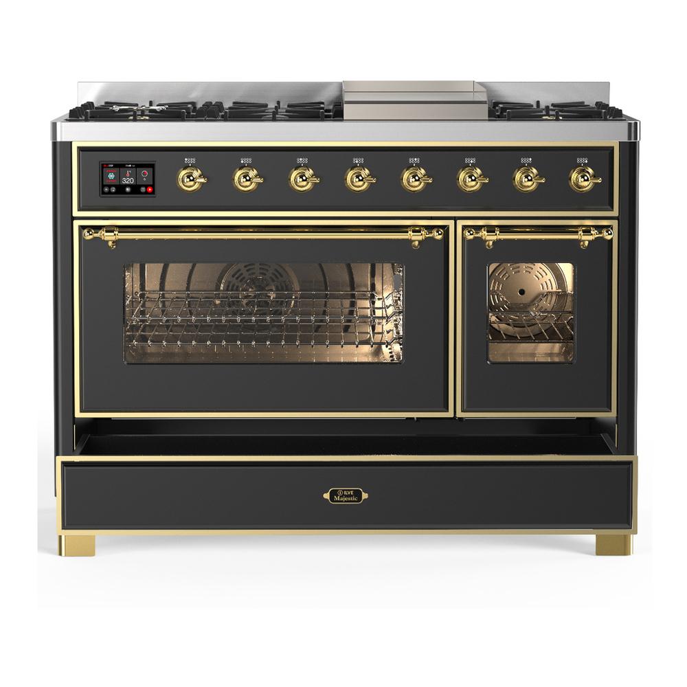 Ilve UM48FNR3MGG Ilve Um48Fnr3Mgg Majestic Iii 48 Inch Dual Fuel Range With 8 Burners And Griddle, Dual Function Burner Up To 25,000 Btu (Natural Gas, Triple Glass Door, Graphite Matte, Brass)