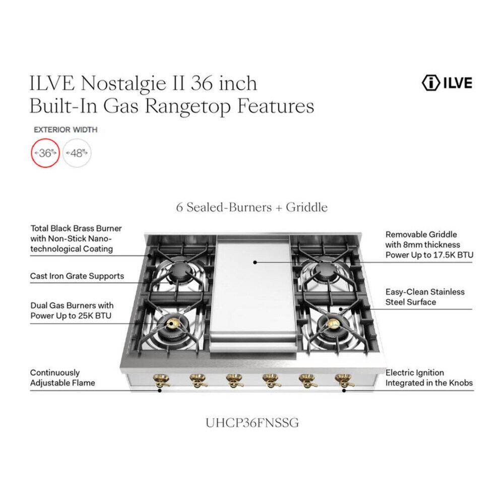 Ilve UHCP36FNSSCLP Ilve Uhcp36Fnssclp Nostalgie Ii 36 Inch Built-In Gas Rangetop With 6 Burners And Griddle, In Stainless Steel (Liquid Propane, Chrome)