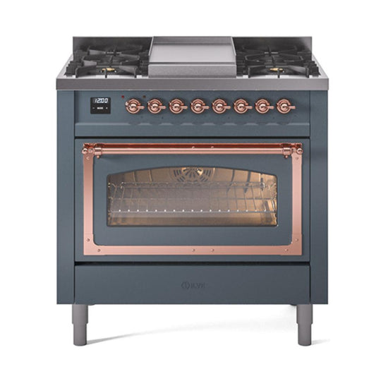 Ilve UN36FNMPBGP Ilve Un36Fnmpbgp Nostalgie Ii Noblesse 36" Dual Fuel Range (Natural Gas, Triple Glass Door, Blue Grey, Copper)