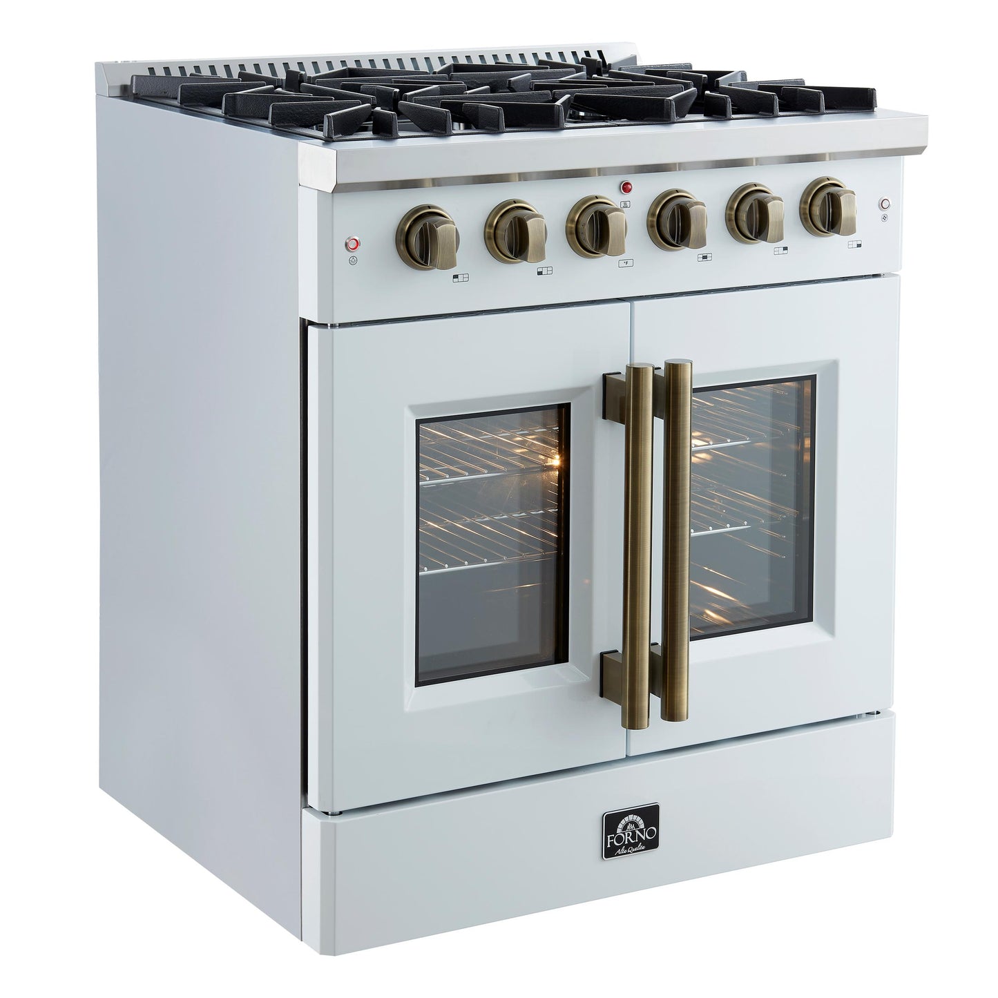 Forno FFSGS644430WHT Forno Galiano 30-Inch French Door Gas Rangenwhite With Antique Brass Design, 5 Burners,N68,000 Btu, 4.32 Cu.Ft. Convection Oven