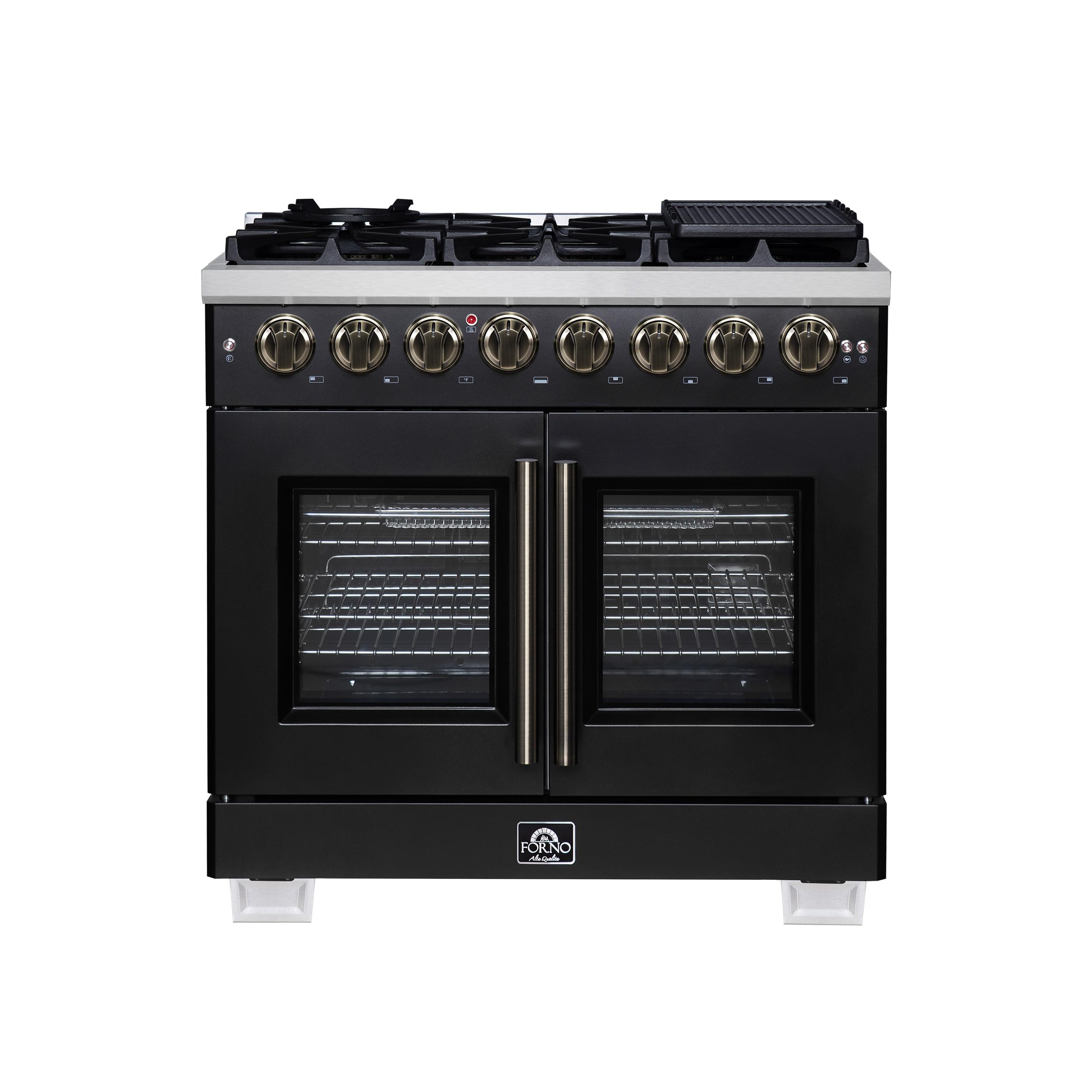 Forno FFSGS638736BLK Forno Capriasca 36 Inch Freestanding French Door Dual Fuel Range In Black With Antique Brass Accessories, 6 Burners, True Convection Oven