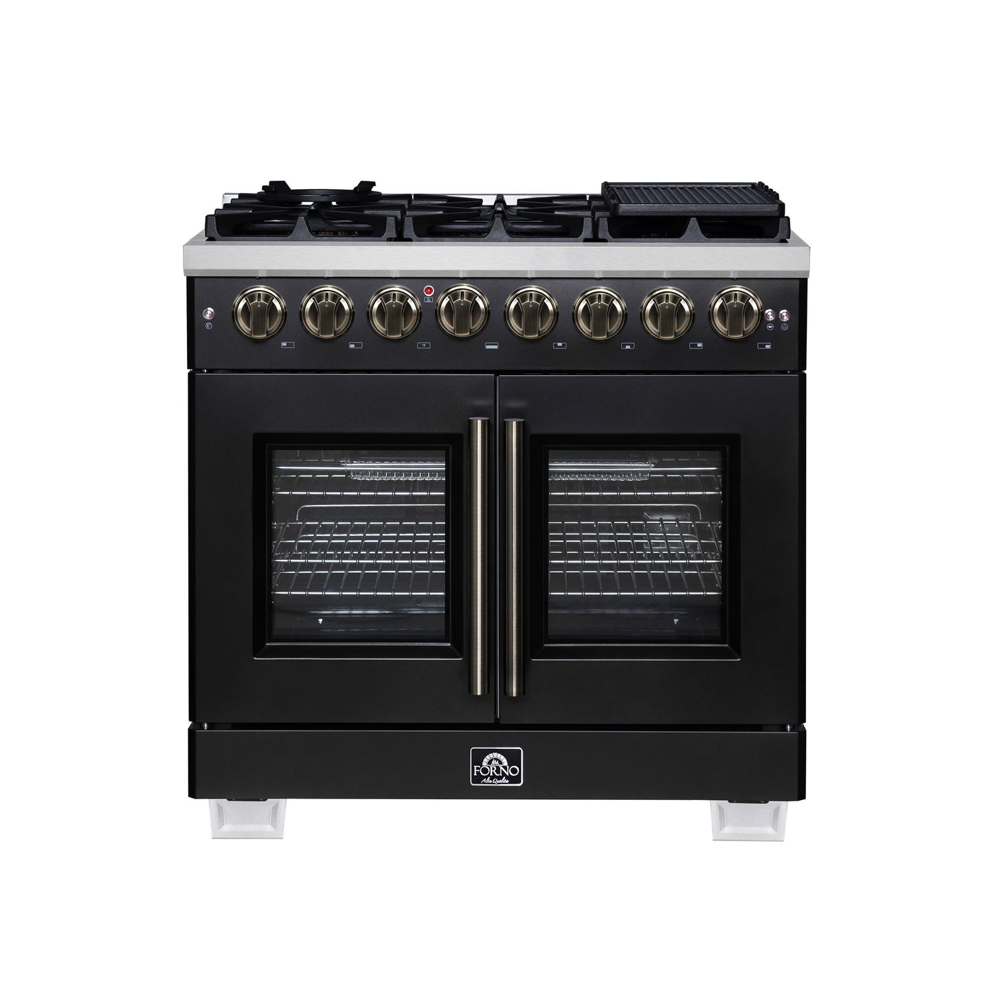 Forno FFSGS638736BLK Forno Capriasca 36 Inch Freestanding French Door Dual Fuel Range In Black With Antique Brass Accessories, 6 Burners, True Convection Oven