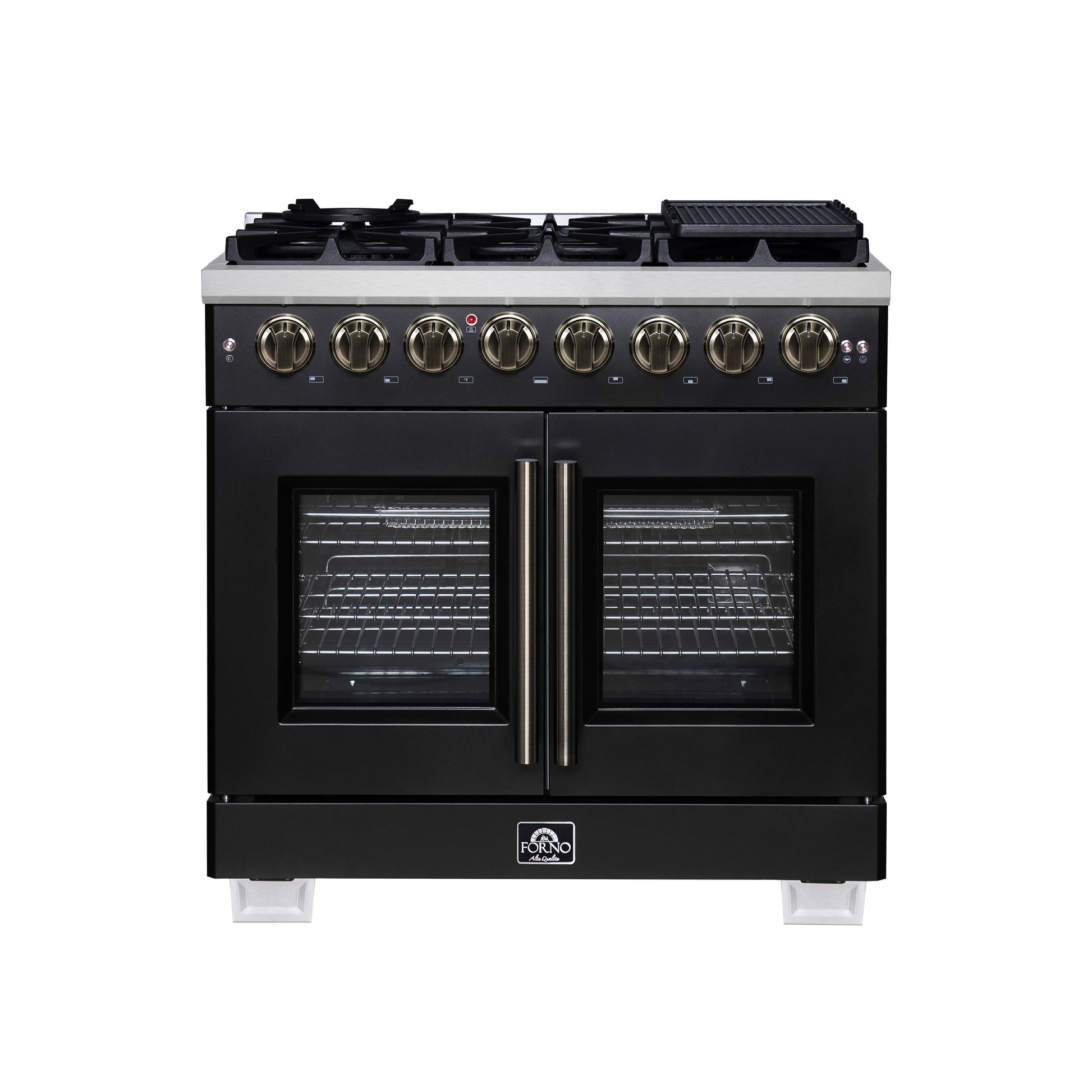 Forno FFSGS638736BLK Forno Capriasca 36 Inch Freestanding French Door Dual Fuel Range In Black With Antique Brass Accessories, 6 Burners, True Convection Oven