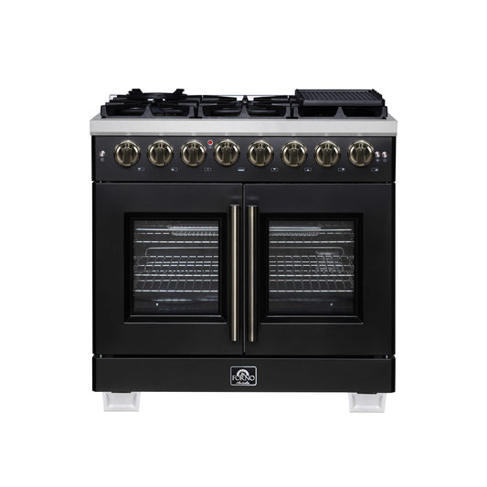 Forno FFSGS638736BLK Forno Capriasca 36 Inch Freestanding French Door Dual Fuel Range In Black With Antique Brass Accessories, 6 Burners, True Convection Oven
