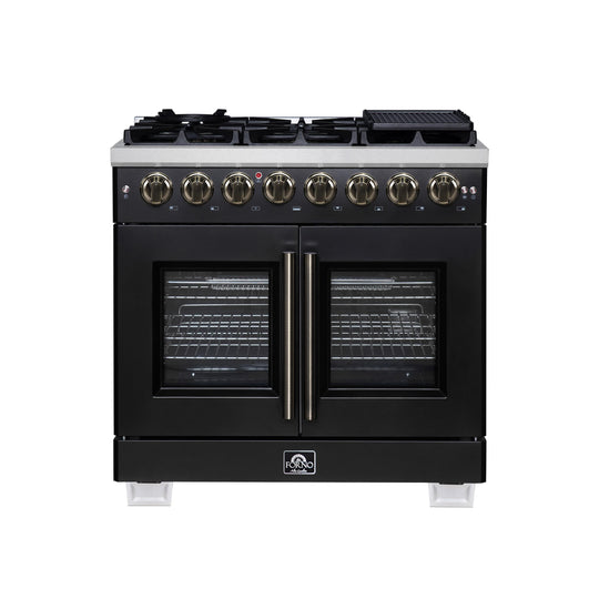 Forno FFSGS638736BLK Forno Capriasca 36 Inch Freestanding French Door Dual Fuel Range In Black With Antique Brass Accessories, 6 Burners, True Convection Oven