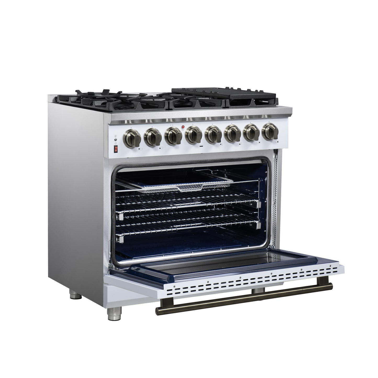 Forno FFSGS612536WHT Forno Massimo 36 Inch Freestanding Dual Fuel Range In White With Antique Brass Accessories, 6 Burners, 5.36 Cu. Ft. Convection Oven