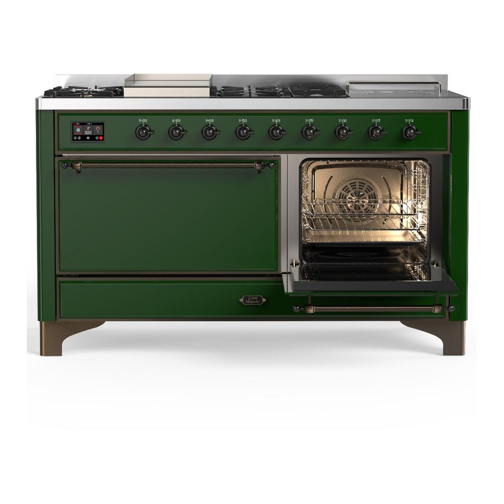 Ilve UM60FSQNR3EGB Ilve Um60Fsqnr3Egb Majestic Iii 60 Inch Dual Fuel Range With 7 Burners, Griddle And French Top, Dual Function Burner With Up To 25,000 Btu (Natural Gas, Solid Door, Emerald Green, Burnished)