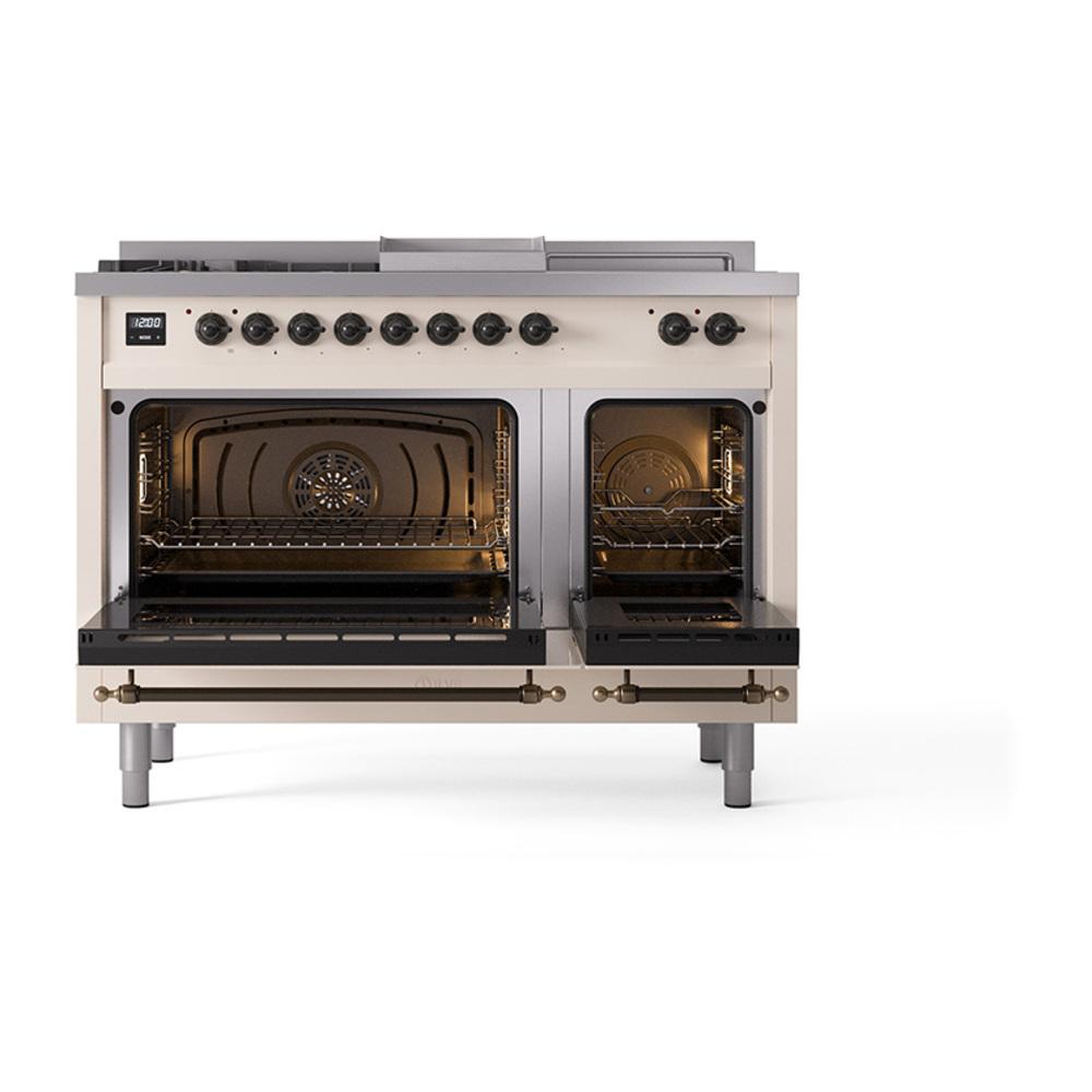 Ilve UN48FSQNMPAWB Ilve Un48Fsqnmpawb Nostalgie Ii Noblesse 48" Dual Fuel Range (5 Sealed Burners + Griddle + French Top, Natural Gas, Solid Door, Antique White, Burnished)