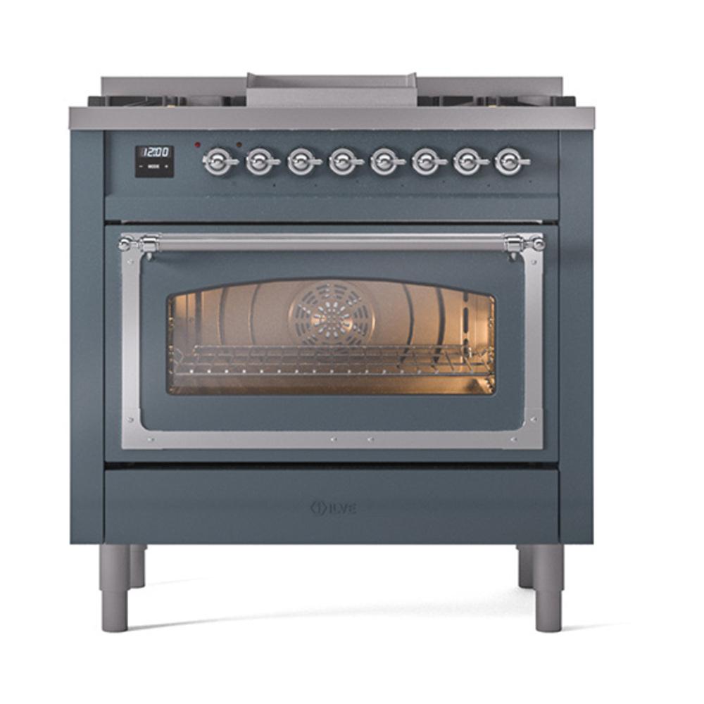 Ilve UN36FNMPBGCLP Ilve Un36Fnmpbgclp Nostalgie Ii Noblesse 36" Dual Fuel Range (Liquid Propane, Triple Glass Door, Blue Grey, Chrome)