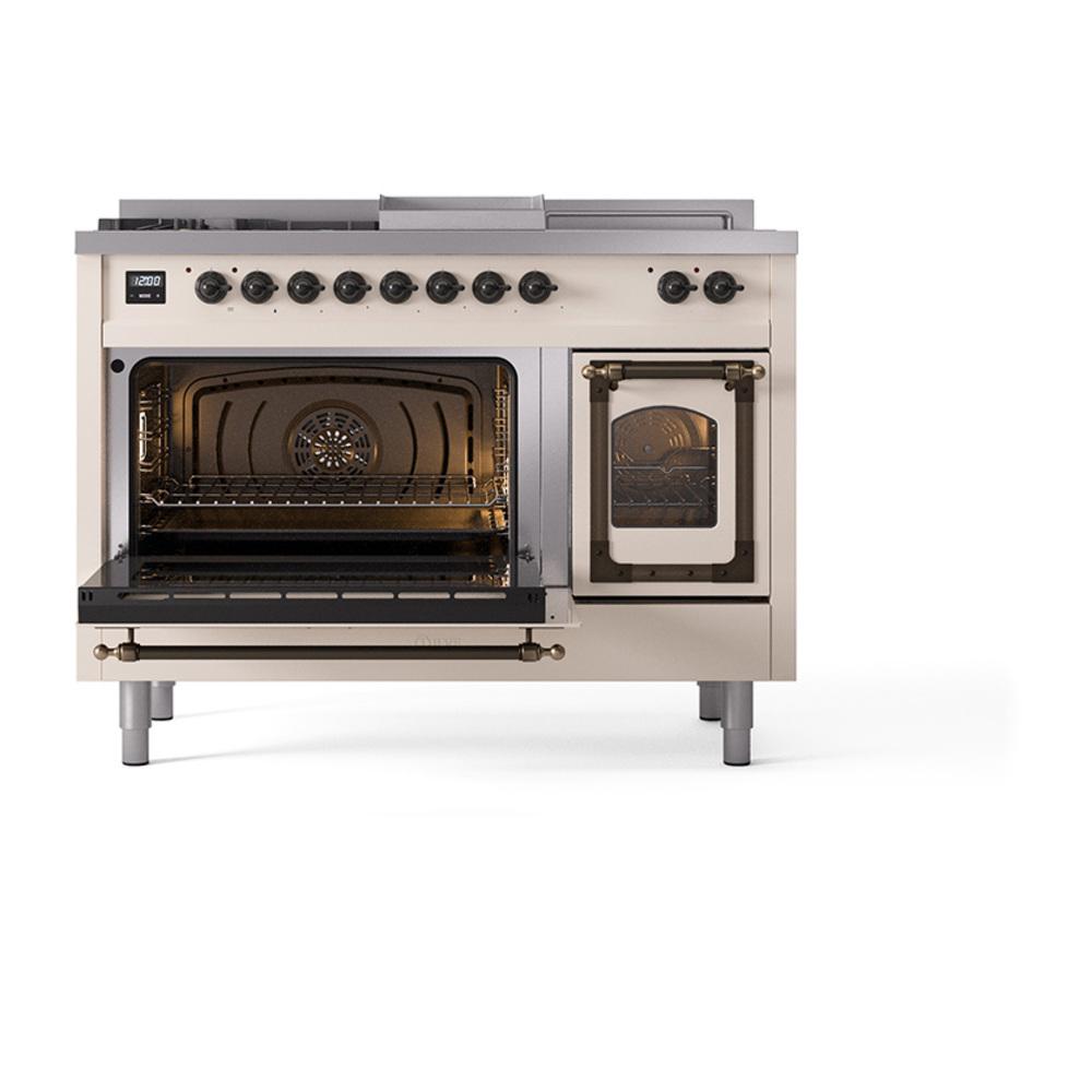 Ilve UN48FSNMPAWB Ilve Un48Fsnmpawb Nostalgie Ii Noblesse 48" Dual Fuel Range (5 Sealed Burners + Griddle + French Top, Natural Gas, Triple Glass Door, Antique White, Burnished)