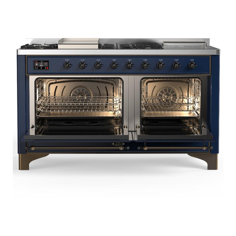 Ilve UM60FSQNR3MBB Ilve Um60Fsqnr3Mbb Majestic Iii 60 Inch Dual Fuel Range With 7 Burners, Griddle And French Top, Dual Function Burner With Up To 25,000 Btu (Natural Gas, Solid Door, Midnight Blue, Burnished)