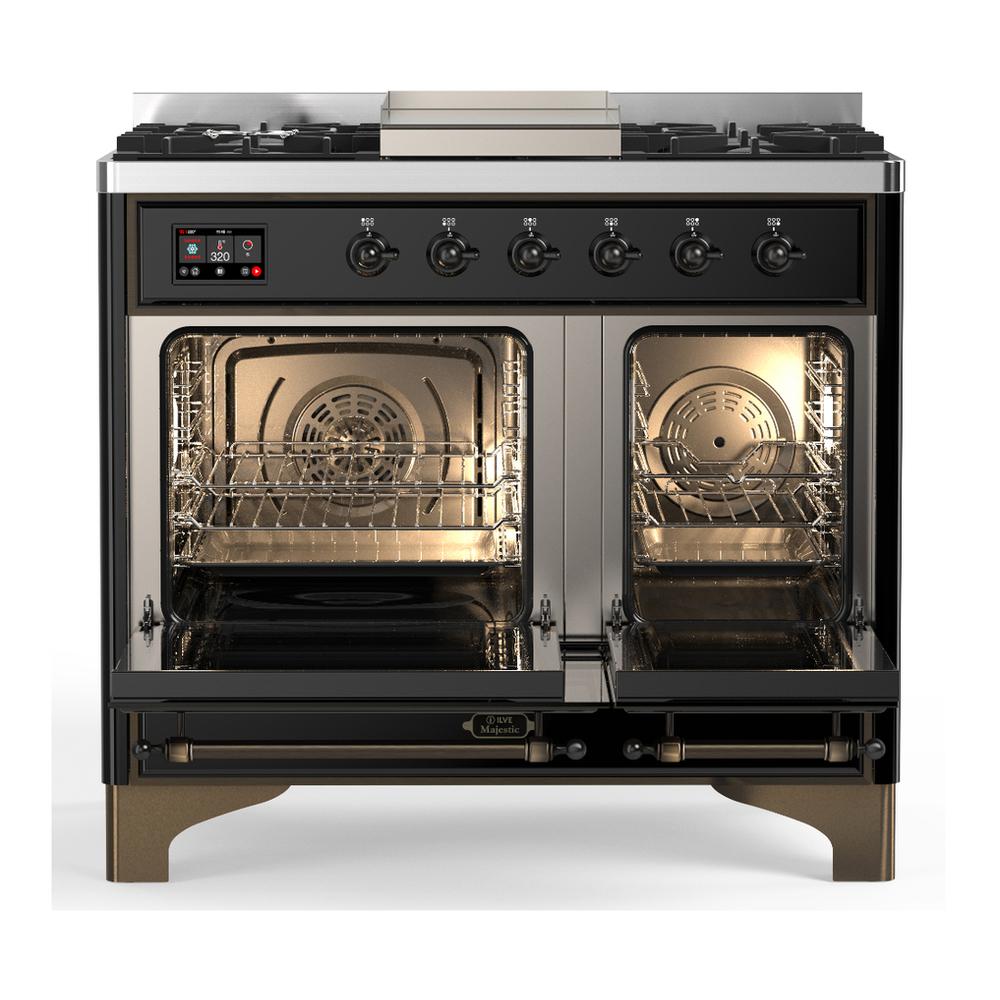 Ilve UMD40FNR3BKBLP Ilve Umd40Fnr3Bkblp Majestic Iii 40 Inch Dual Fuel Range With 6 Burners And Griddle, Dual Function Burner Up To 25,000 Btu (Liquid Propane, Triple Glass Door, Glossy Black, Burnished)