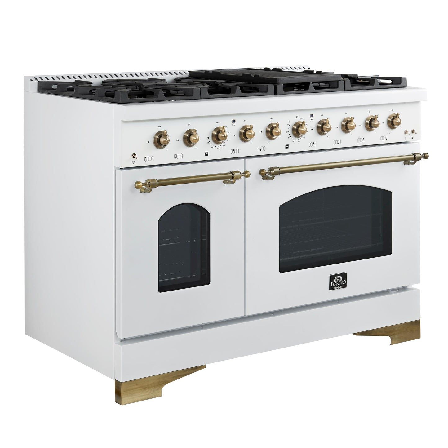 Forno FFSGS621948WHT Forno Antico 48-Inch Freestanding Gas Range, White, Antique Brass Design, 8 Burners, Griddle, Double Ovens, Energy Efficient
