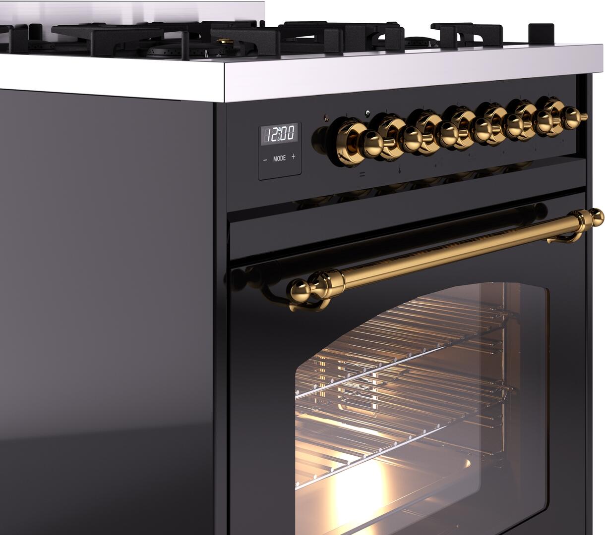 Ilve UP30NMPBKGLP Nostalgie Ii 30 Inch Dual Fuel Liquid Propane Freestanding Range In Glossy Black With Brass Trim