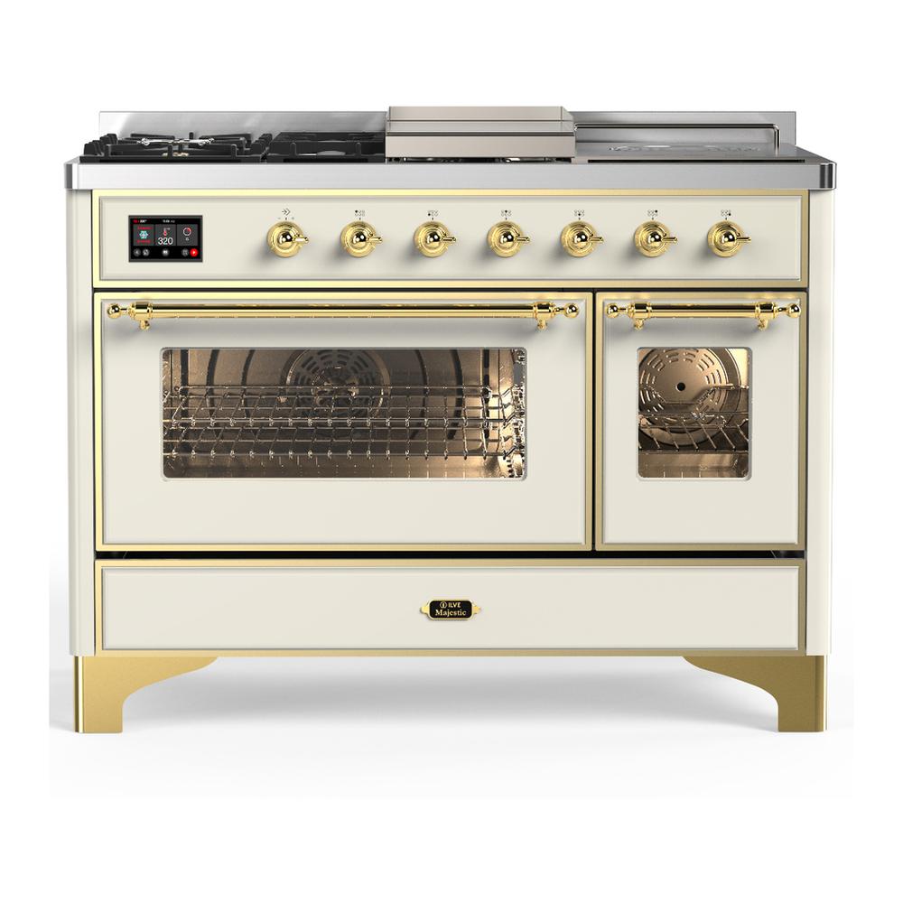 Ilve UM48FSNR3AWGLP Ilve Um48Fsnr3Awglp Majestic Iii 48 Inch Dual Fuel Range With 5 Black Brass Burners, Griddle And French Top, Dual Function Burner Up To 25,000 Btu (Liquid Propane, Triple Glass Door, Antique White, Brass)