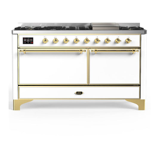 Ilve UM60FQNR3WHGLP Ilve Um60Fqnr3Whglp Majestic Iii 60 Inch Dual Fuel Range With 9 Burners And Griddle, Dual Function Burner Up To 25,000 Btu (Liquid Propane, Solid Door, White, Brass)