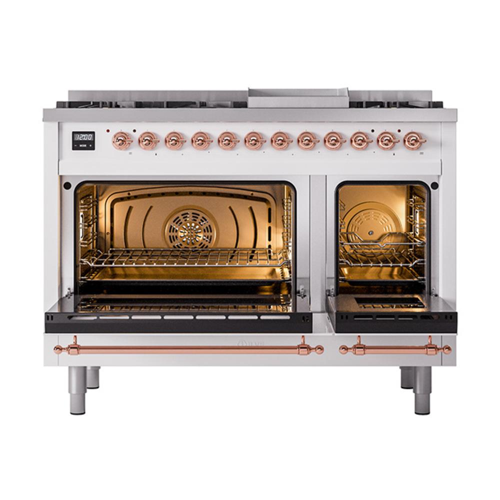 Ilve UN48FNMPWHP Ilve Un48Fnmpwhp Nostalgie Ii Noblesse 48" Dual Fuel Range (8 Sealed Burners + Griddle, Natural Gas, Triple Glass Door, White, Copper)