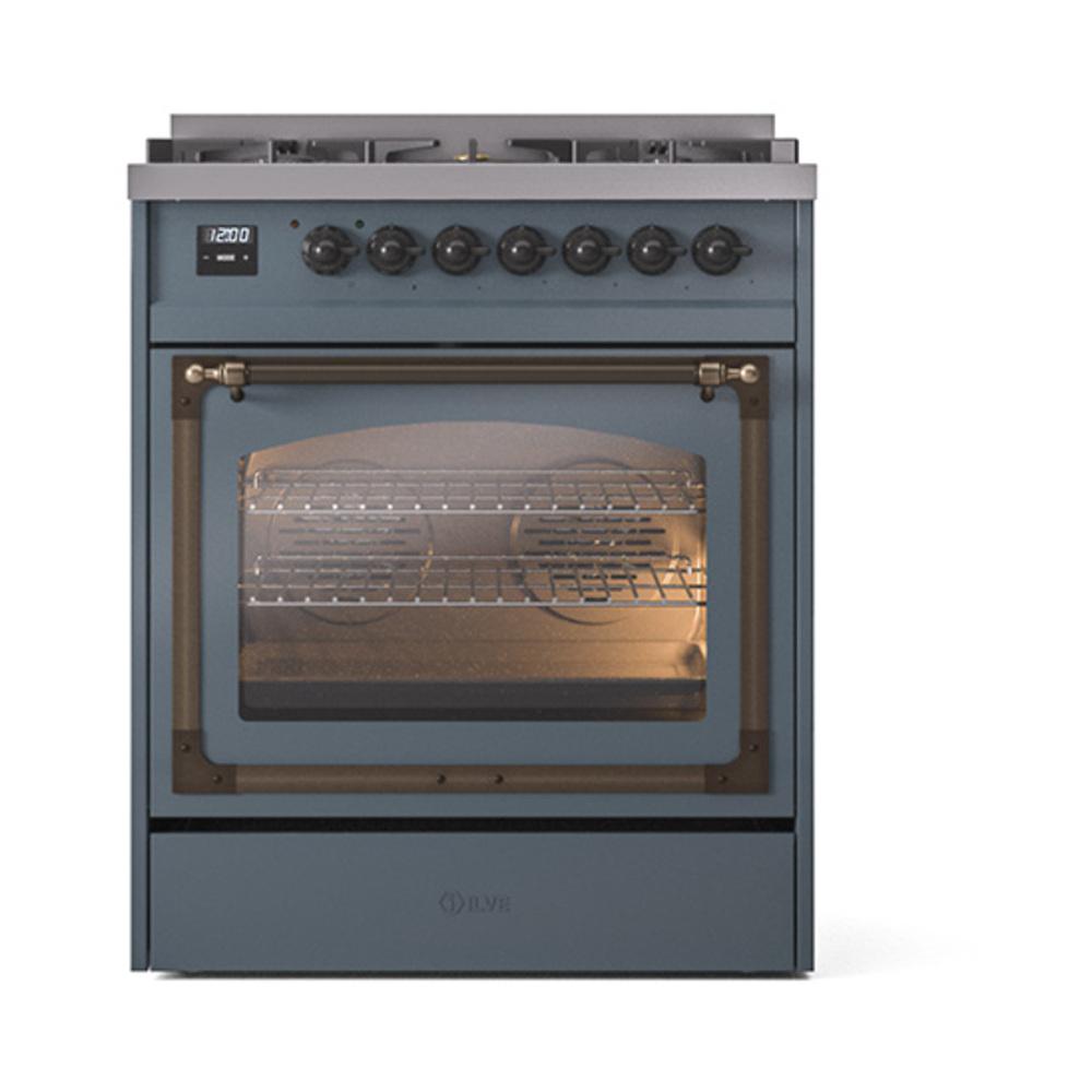 Ilve UN30NMPBGBLP Ilve Un30Nmpbgblp Nostalgie Ii Noblesse 30" Dual Fuel Range (Liquid Propane, Triple Glass Door, Blue Grey, Burnished)