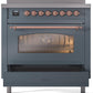 Ilve UPI366NMPBGP Nostalgie Ii 36 Inch Electric Freestanding Range In Blue Grey With Copper Trim