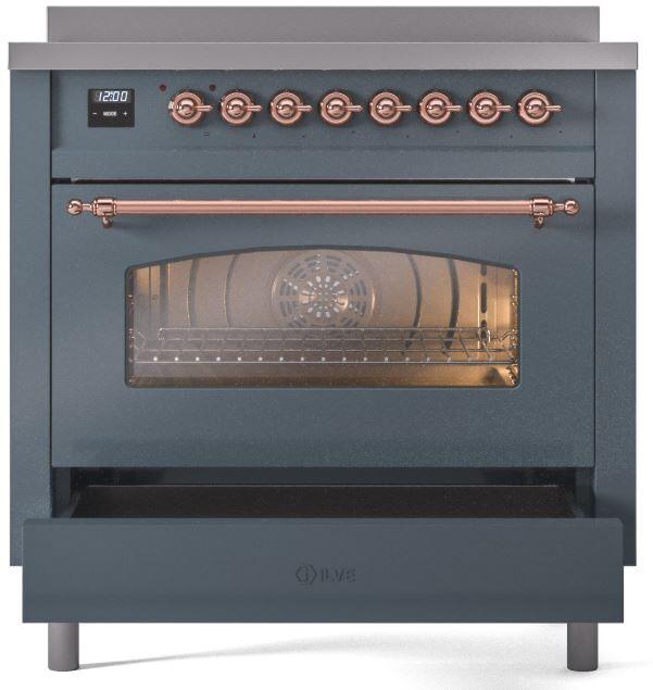 Ilve UPI366NMPBGP Nostalgie Ii 36 Inch Electric Freestanding Range In Blue Grey With Copper Trim