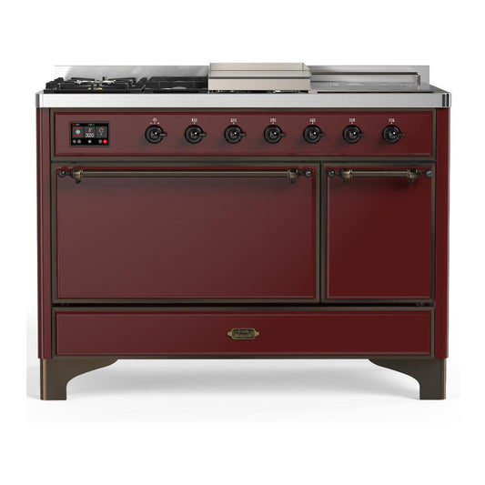 Ilve UM48FSQNR3BUBLP Ilve Um48Fsqnr3Bublp Majestic Iii 48 Inch Dual Fuel Range With 5 Black Brass Burners, Griddle And French Top, Dual Function Burner Up To 25,000 Btu (Liquid Propane, Solid Door, Burgundy, Burnished)