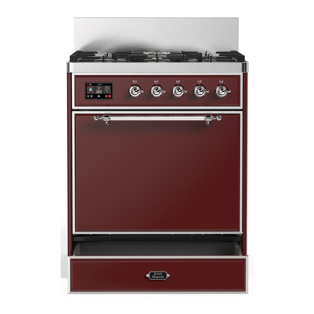 Ilve UM30QNR3BUCLP Ilve Um30Qnr3Buclp Majestic Iii 30 Inch Dual Fuel Range With 5 Black Brass Burners, Dual Function Burner Up To 25,000 Btu (Liquid Propane, Solid Door, Burgundy, Chrome)