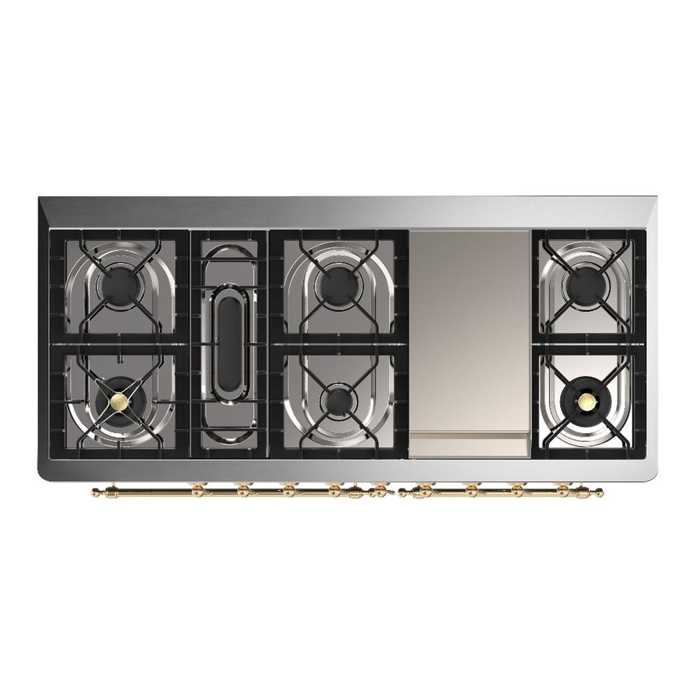 Ilve UM60FQNR3BKGLP Ilve Um60Fqnr3Bkglp Majestic Iii 60 Inch Dual Fuel Range With 9 Burners And Griddle, Dual Function Burner Up To 25,000 Btu (Liquid Propane, Solid Door, Glossy Black, Brass)