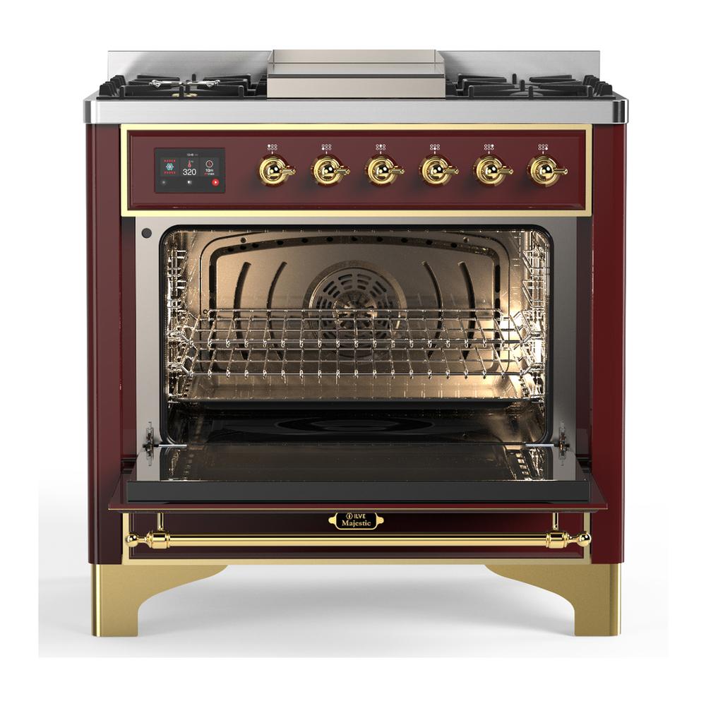 Ilve UM36FQNR3BUG Ilve Um36Fqnr3Bug Majestic Iii 36 Inch Dual Fuel Range With 6 Black Brass Burners And Griddle, Dual Function Burner Up To 25,000 Btu (Solid Door, Burgundy, Brass, Natural Gas)