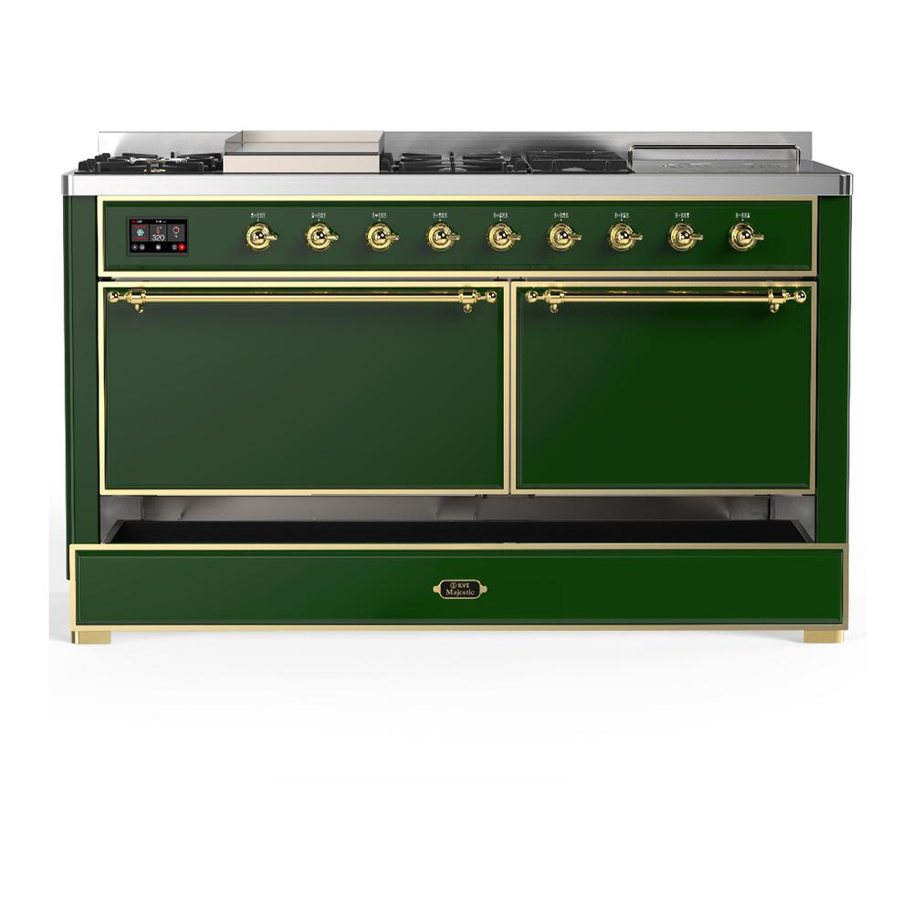 Ilve UM60FSQNR3EGG Ilve Um60Fsqnr3Egg Majestic Iii 60 Inch Dual Fuel Range With 7 Burners, Griddle And French Top, Dual Function Burner With Up To 25,000 Btu (Natural Gas, Solid Door, Emerald Green, Brass)
