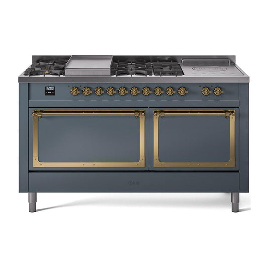 Ilve UN60FSQNMPBGG Ilve Un60Fsqnmpbgg Nostalgie Ii Noblesse 60" Dual Fuel Range (7 Sealed Burners + Griddle + French Top, Natural Gas, Solid Door, Blue Grey, Brass)