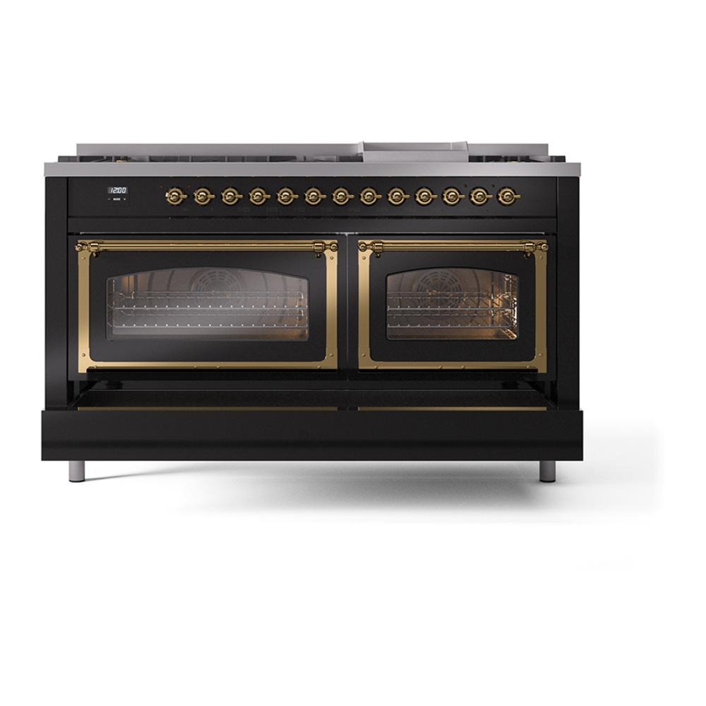 Ilve UN60FNMPBKG Ilve Un60Fnmpbkg Nostalgie Ii Noblesse 60" Dual Fuel Range (9 Sealed Burners + Griddle, Natural Gas, Triple Glass Door, Glossy Black, Brass)