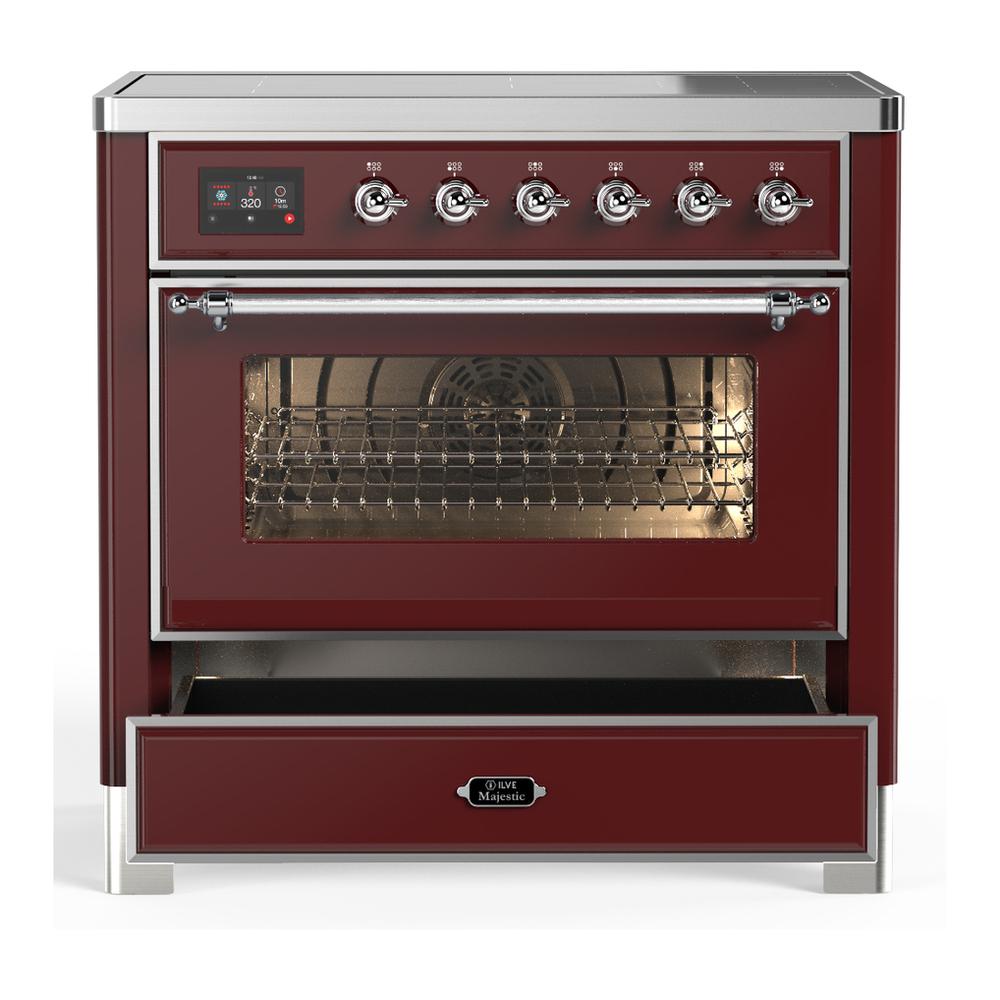 Ilve UMIB36NR3BUC Ilve Umib36Nr3Buc Majestic Iii 36 Inch Induction Range With 6 Elements, 3.5 Cu. Ft. Total Oven Capacity (Triple Glass Door, Burgundy, Chrome)