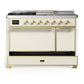 Ilve UM48FSQNR3AWGLP Ilve Um48Fsqnr3Awglp Majestic Iii 48 Inch Dual Fuel Range With 5 Black Brass Burners, Griddle And French Top, Dual Function Burner Up To 25,000 Btu (Liquid Propane, Solid Door, Antique White, Brass)