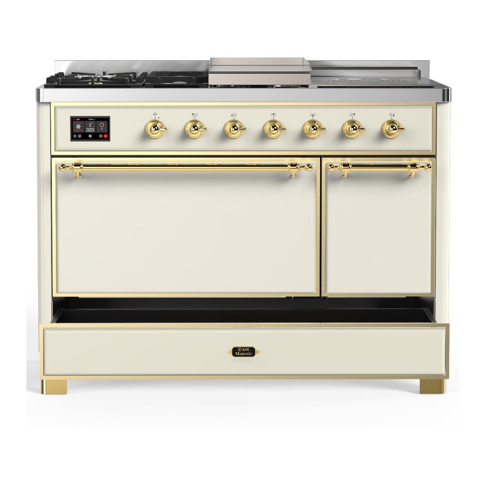 Ilve UM48FSQNR3AWGLP Ilve Um48Fsqnr3Awglp Majestic Iii 48 Inch Dual Fuel Range With 5 Black Brass Burners, Griddle And French Top, Dual Function Burner Up To 25,000 Btu (Liquid Propane, Solid Door, Antique White, Brass)
