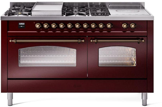 Ilve UP60FSNMPBUB Nostalgie Ii 60 Inch Dual Fuel Natural Gas Freestanding Range In Burgundy With Bronze Trim