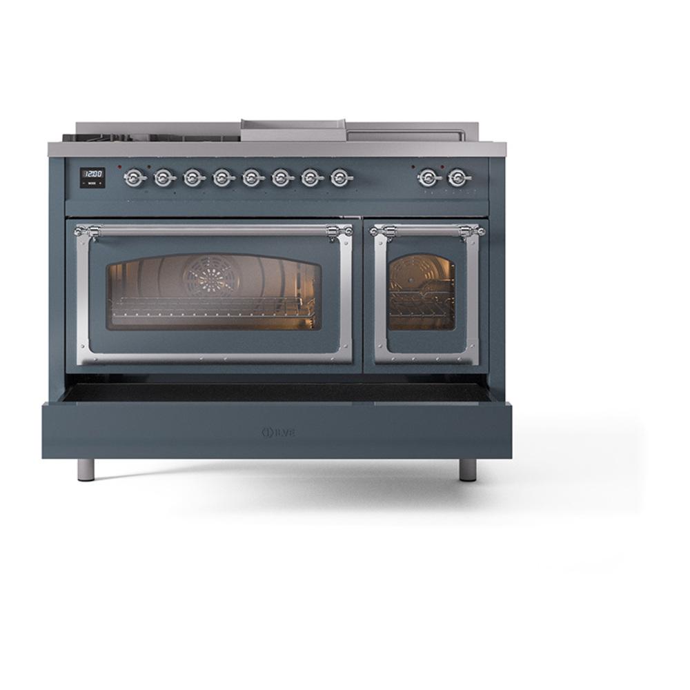 Ilve UN48FSNMPBGCLP Ilve Un48Fsnmpbgclp Nostalgie Ii Noblesse 48" Dual Fuel Range (5 Sealed Burners + Griddle + French Top, Liquid Propane, Triple Glass Door, Blue Grey, Chrome)