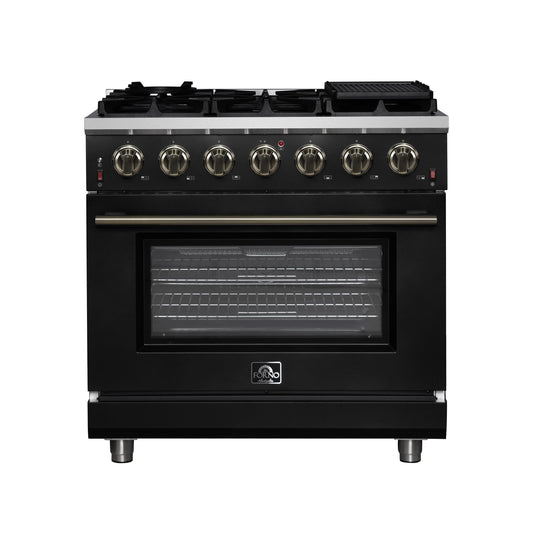 Forno FFSGS623936BLK Forno Massimo 36-Inch Black Freestanding Gas Range, 6 Sealed Burners, Convection Oven, Energy Efficient