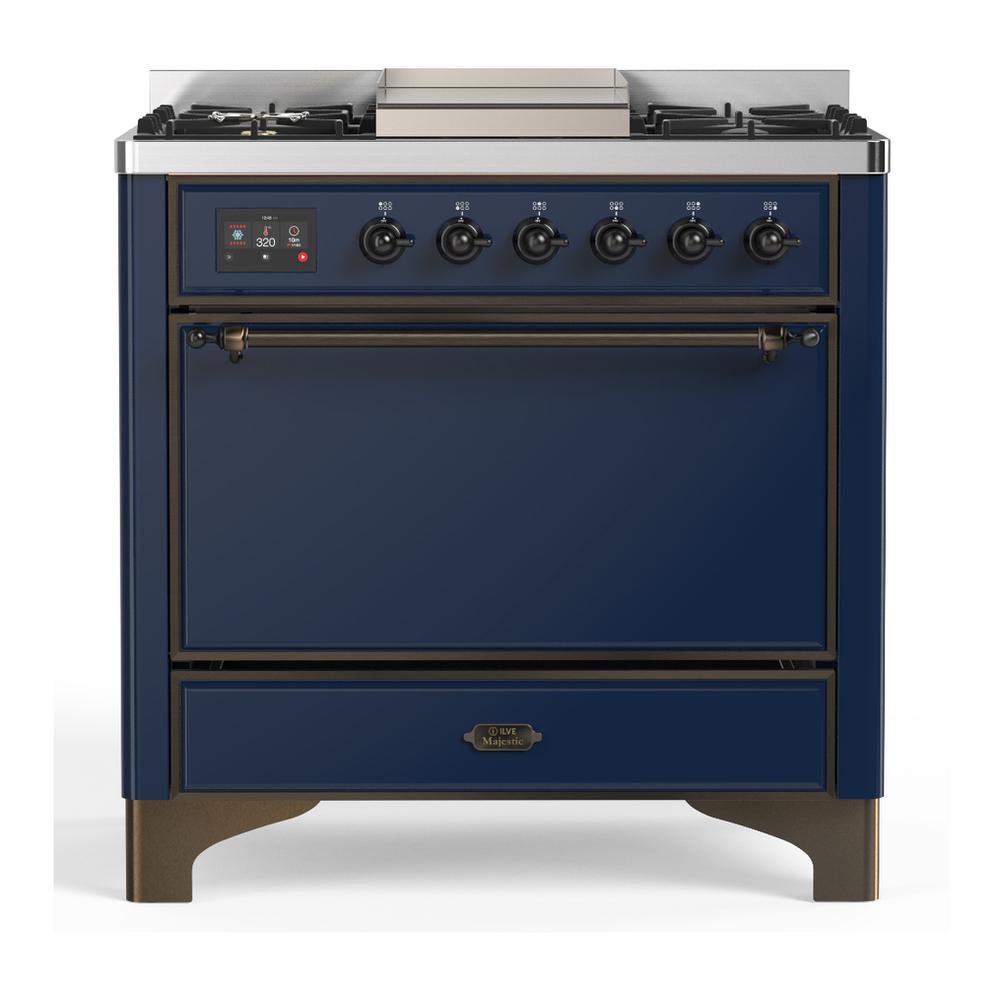 Ilve UM36FQNR3MBBLP Ilve Um36Fqnr3Mbblp Majestic Iii 36 Inch Dual Fuel Range With 6 Black Brass Burners And Griddle, Dual Function Burner Up To 25,000 Btu (Solid Door, Midnight Blue, Burnished, Liquid Propane)