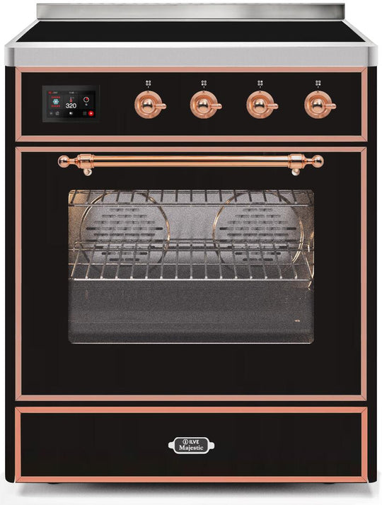 Ilve UMI30NE3BKP Majestic Ii 30 Inch Electric Freestanding Range In Glossy Black With Copper Trim